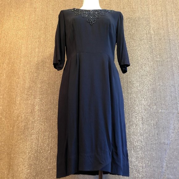 Antique Black Dress With Beaded Upper Bodice, Zippered Back and 3/4 Sleeves - Picture 12 of 16